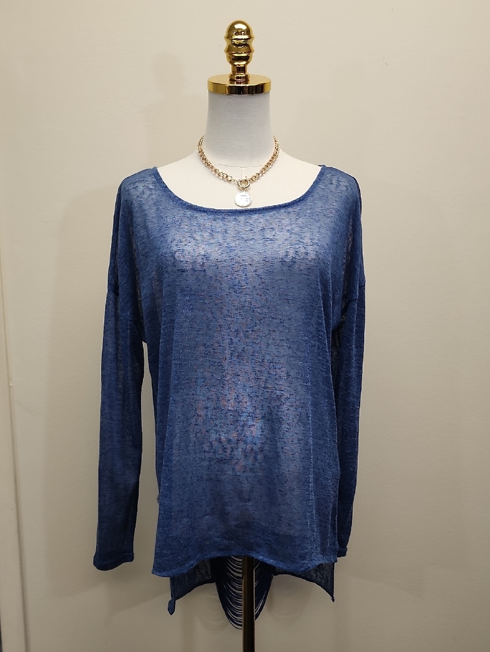 Love Riche Navy Blue Sheer Knit Long Sleeve Hi Low Top Size Medium